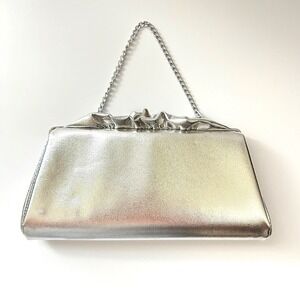 Small Vintage‎ Silver Metallic Evening Bag Clutch Purse with Chain Strap